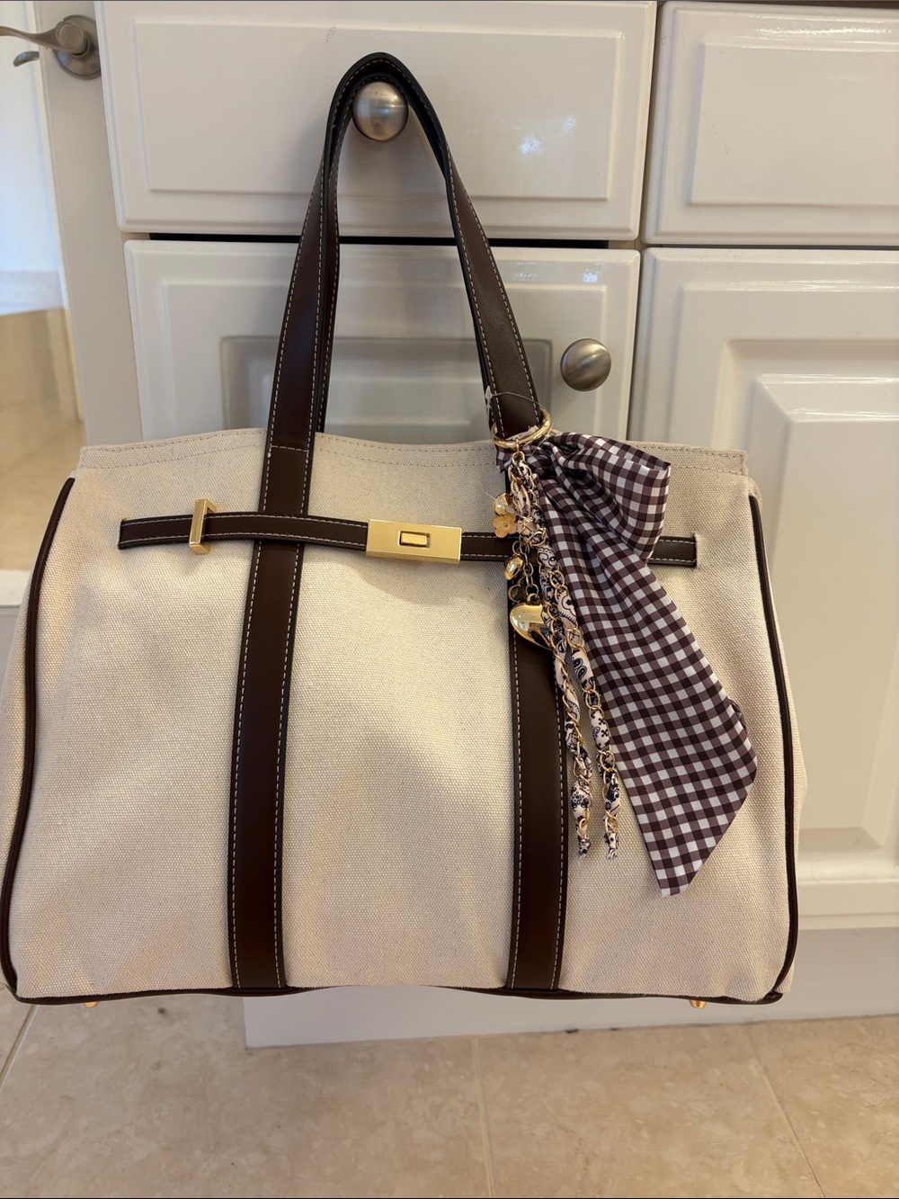 Canvas Tote Bag with Dark Brown Trim - Brand Not Visible